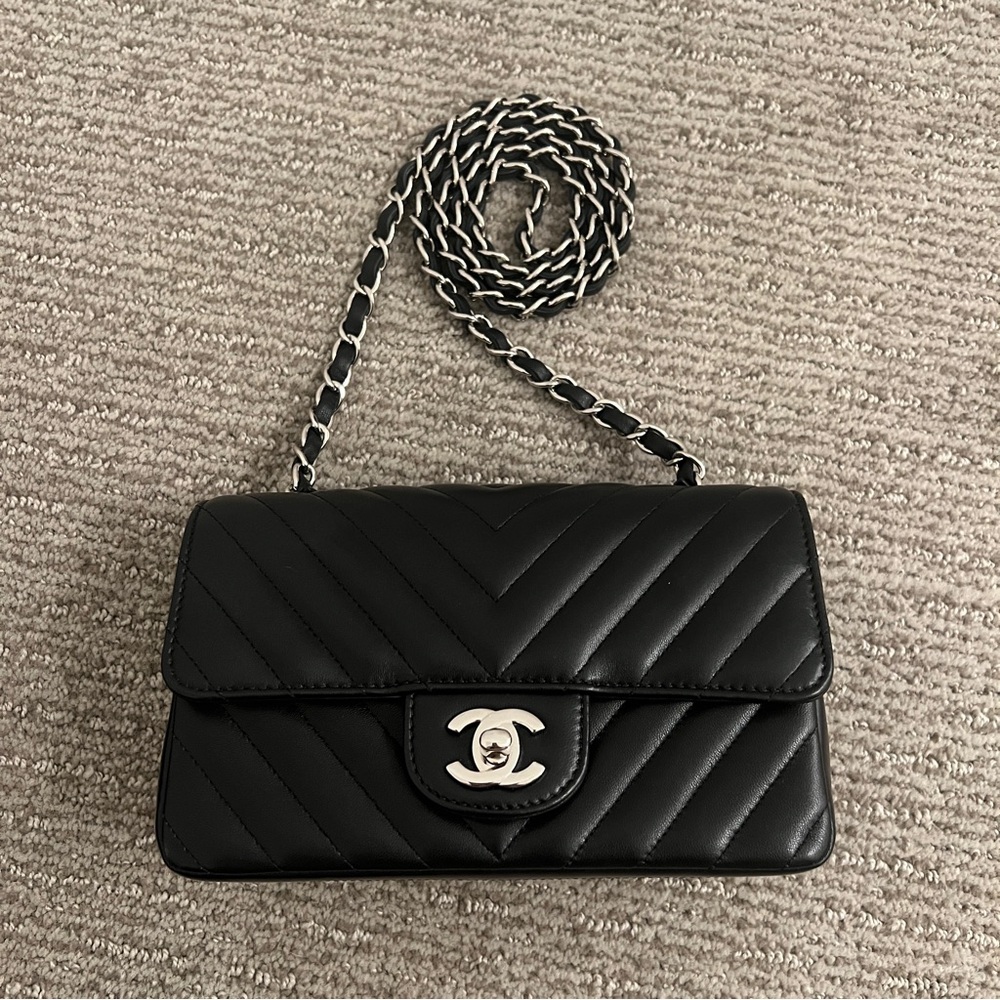 Chanel Lambskin Chevron Mini Rectangular Flap Black